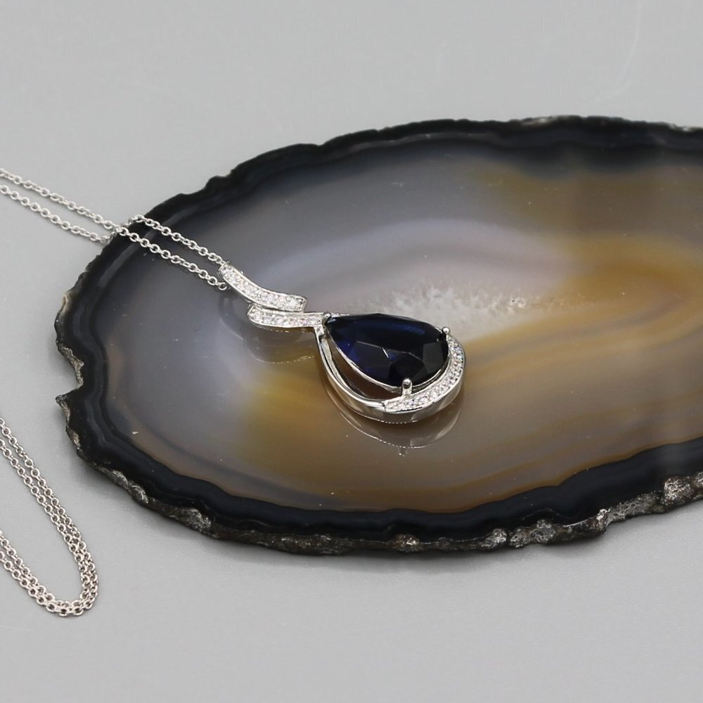 Jewelry necklace teardrop blue crystals 925 sterling silver elegant beautiful